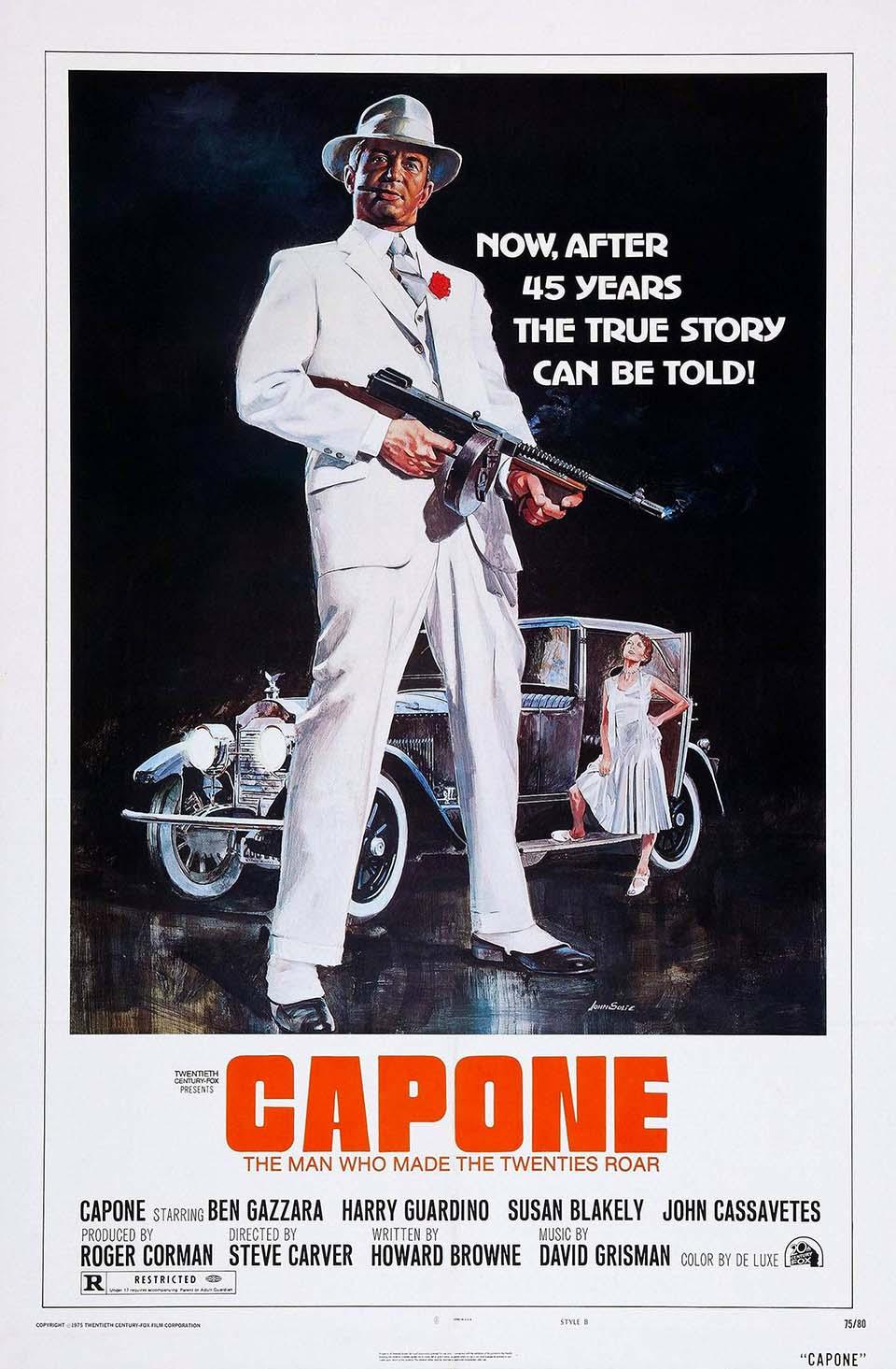 Capone 1975 movie poster art showing Ben Gazzara in a white suit holding a Tommy gun in front of a vintage getaway car.