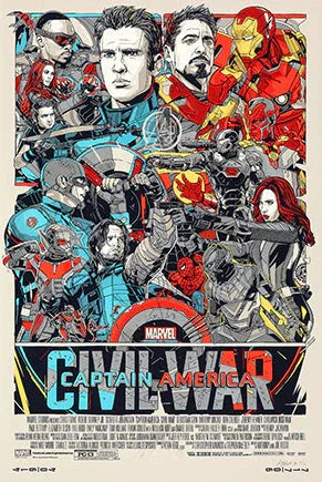 Captain America Civil War illustrated movie poster featuring main Marvel superheroes in dynamic collage style