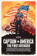 Captain America stands holding a flag and shield with a fiery sky and warplanes, Captain America The First Avenger poster