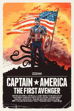 Captain America stands holding a flag and shield with a fiery sky and warplanes, Captain America The First Avenger poster
