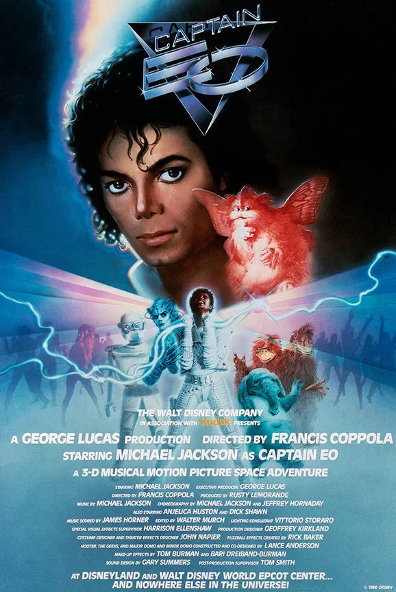 Captain EO 1986 Walt Disney poster featuring Michael Jackson with futuristic characters and glowing effects