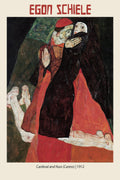 Oil painting by Egon Schiele from 1912, "Cardinal and Nun (Caress)," depicting two figures embracing in dark, rich, expressive colors.