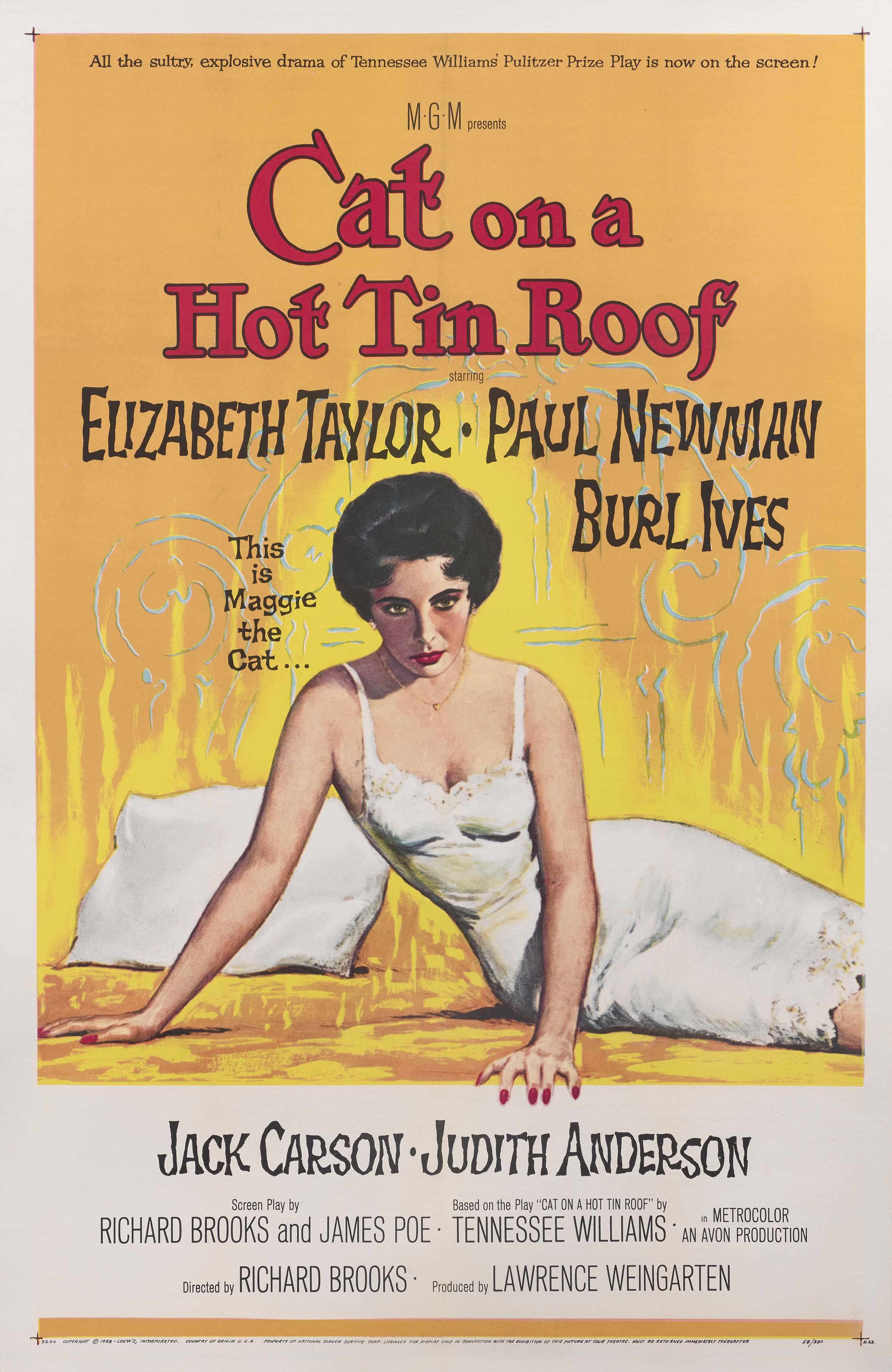 Original 1958 movie poster featuring Elizabeth Taylor as Maggie "the Cat" in a white slip against a fiery yellow background, advertising the film Cat on a Hot Tin Roof.