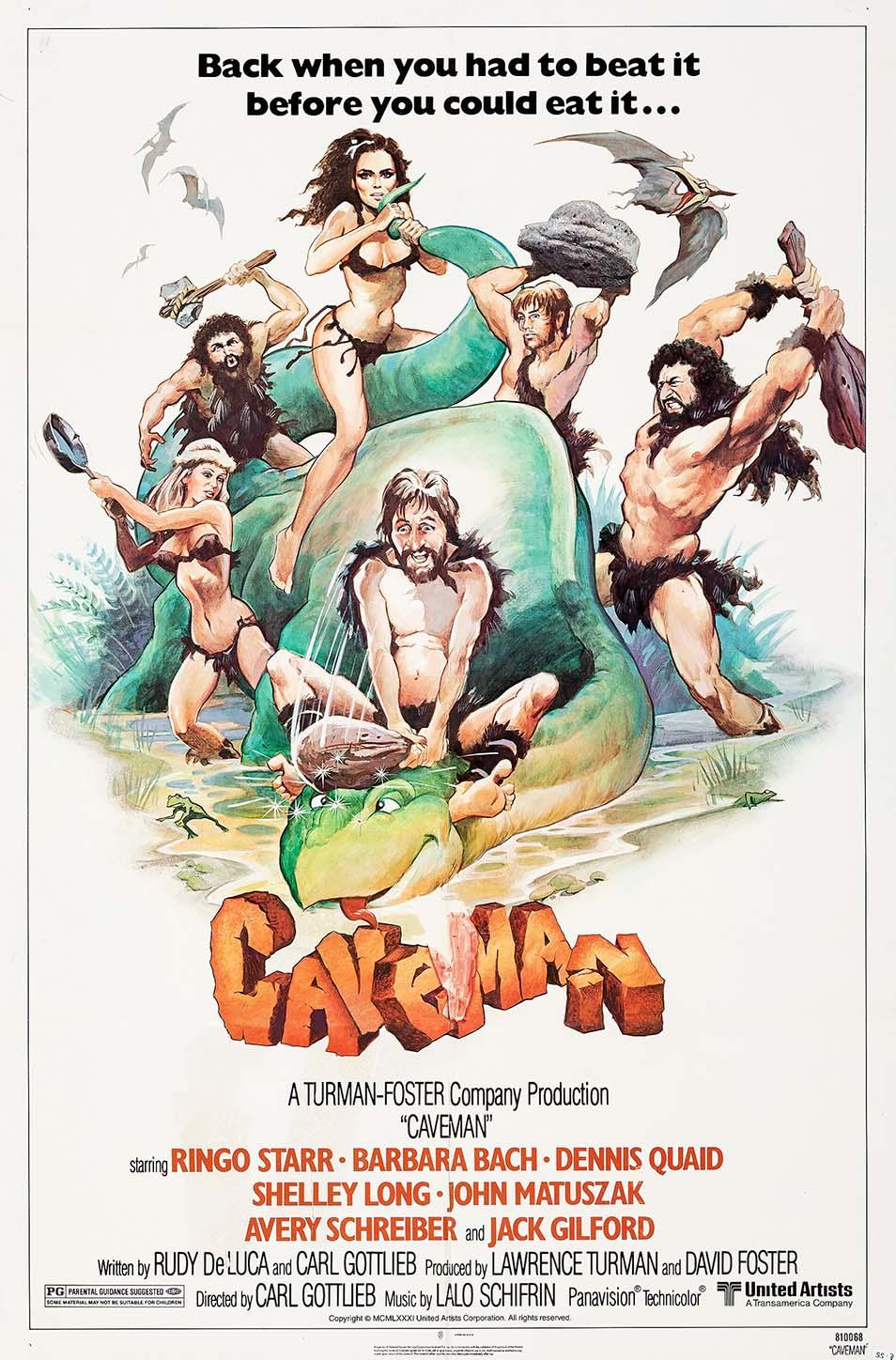 Original theatrical poster for the 1981 film Caveman, showing Ringo Starr and costars fighting on the back of a large green dinosaur creature.