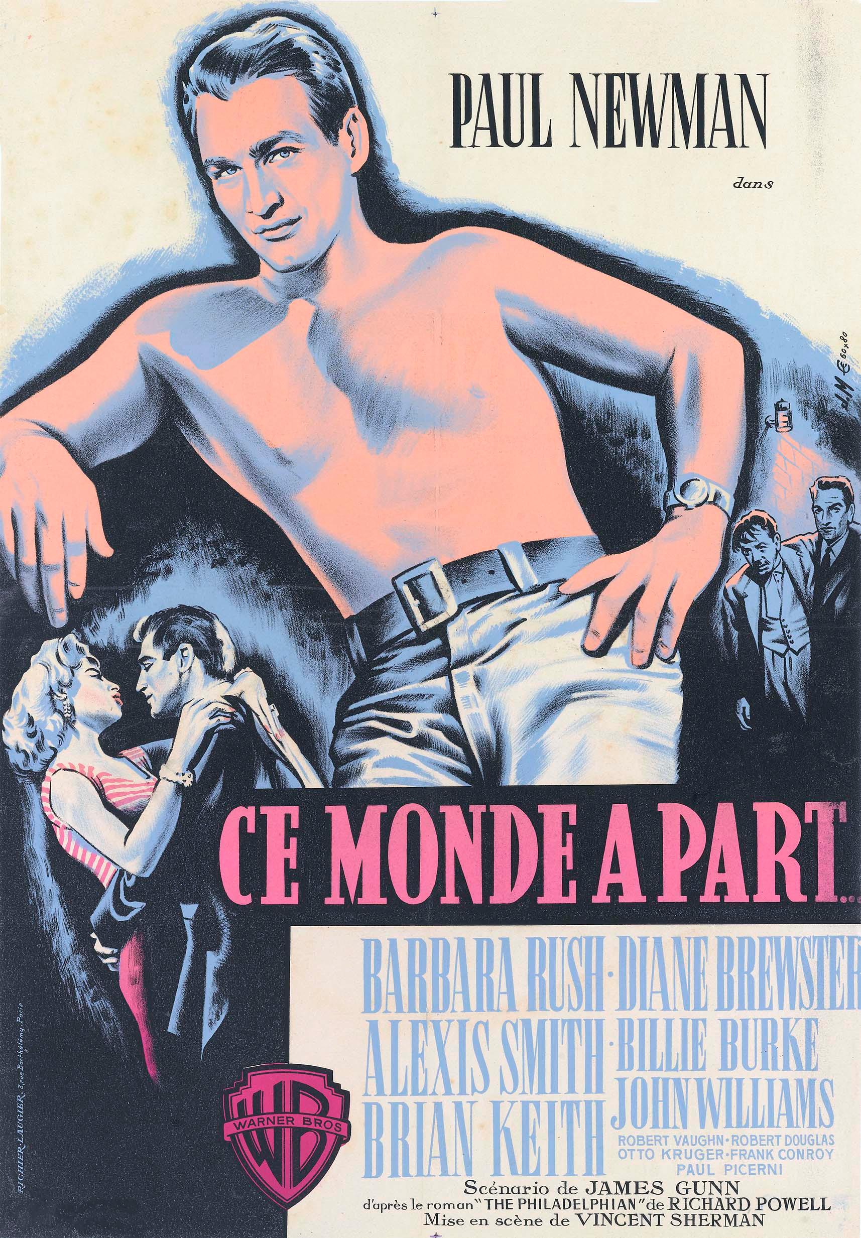 Vintage 1959 French poster for The Young Philadelphians featuring a dramatic, shirtless illustration of Paul Newman in bold pink and blue tones.
