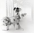 Black and white photo of Audrey Hepburn as Eliza Doolittle in a white lace gown and massive striped hat, standing among hydrangeas in a lattice corridor.