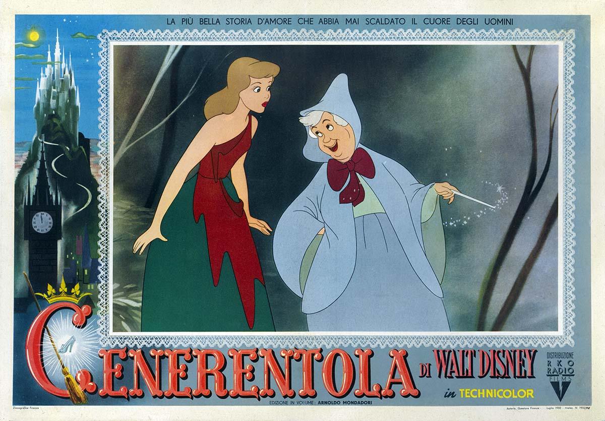 Vintage Italian movie poster for Disney's Cinderella (Cenerentola), showing Cinderella and the Fairy Godmother against the castle backdrop.