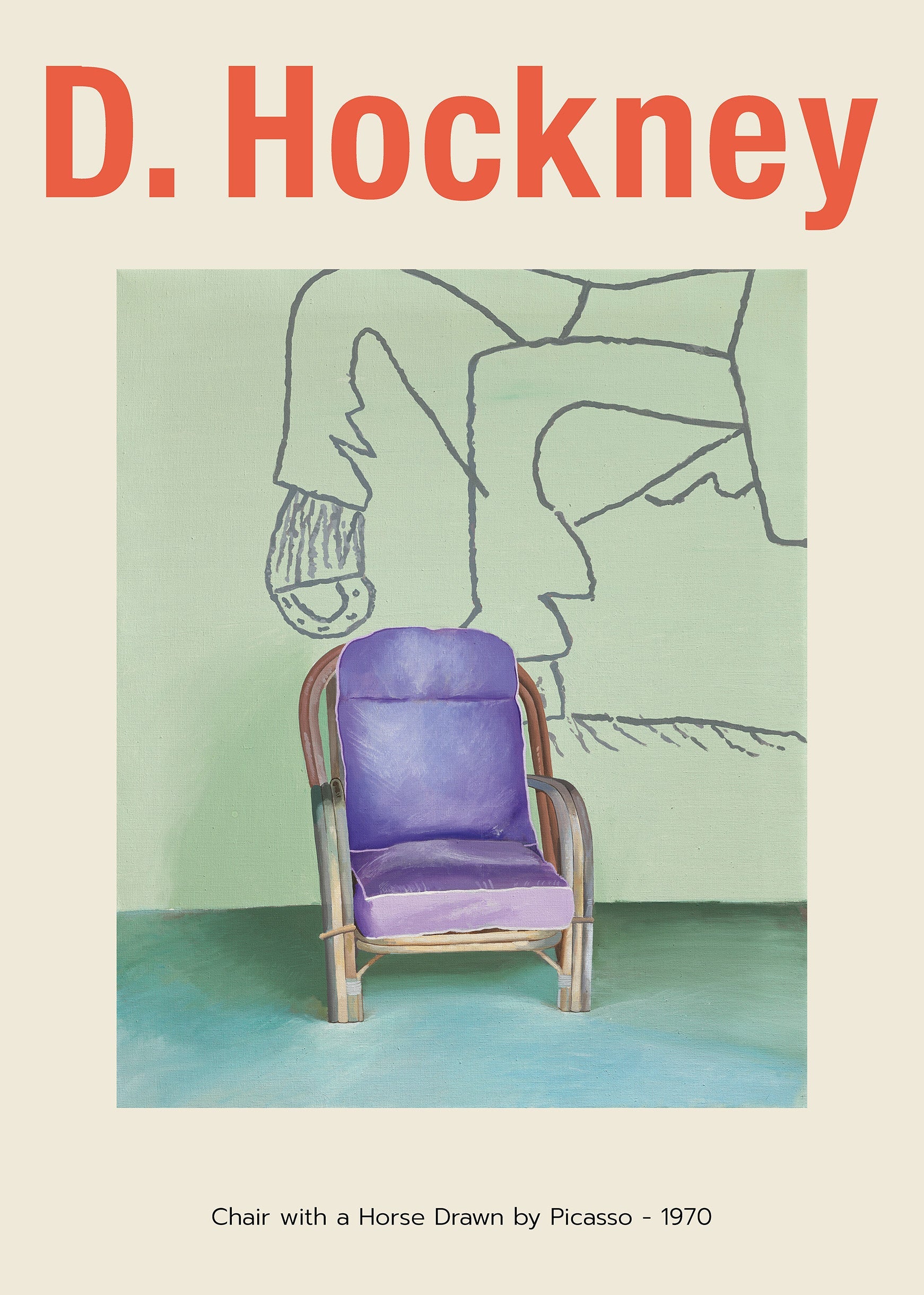 Artwork by David Hockney featuring a purple-cushioned rattan chair against a mint green wall, superimposed with a Picasso-style line drawing.