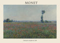 Classic Claude Monet oil painting reproduction depicting a wide field of vibrant red poppies under a pale blue sky with trees on the horizon.