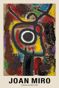 Textured abstract painting by Joan Miró, titled "Character and Bird," featuring thick black lines, a central white circle, and explosive colors like red, yellow, and blue.