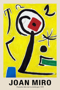 Vibrant yellow abstract painting by Joan Miró (1978) featuring thick black brushstrokes forming a figure, star, and geometric shapes in primary colors.
