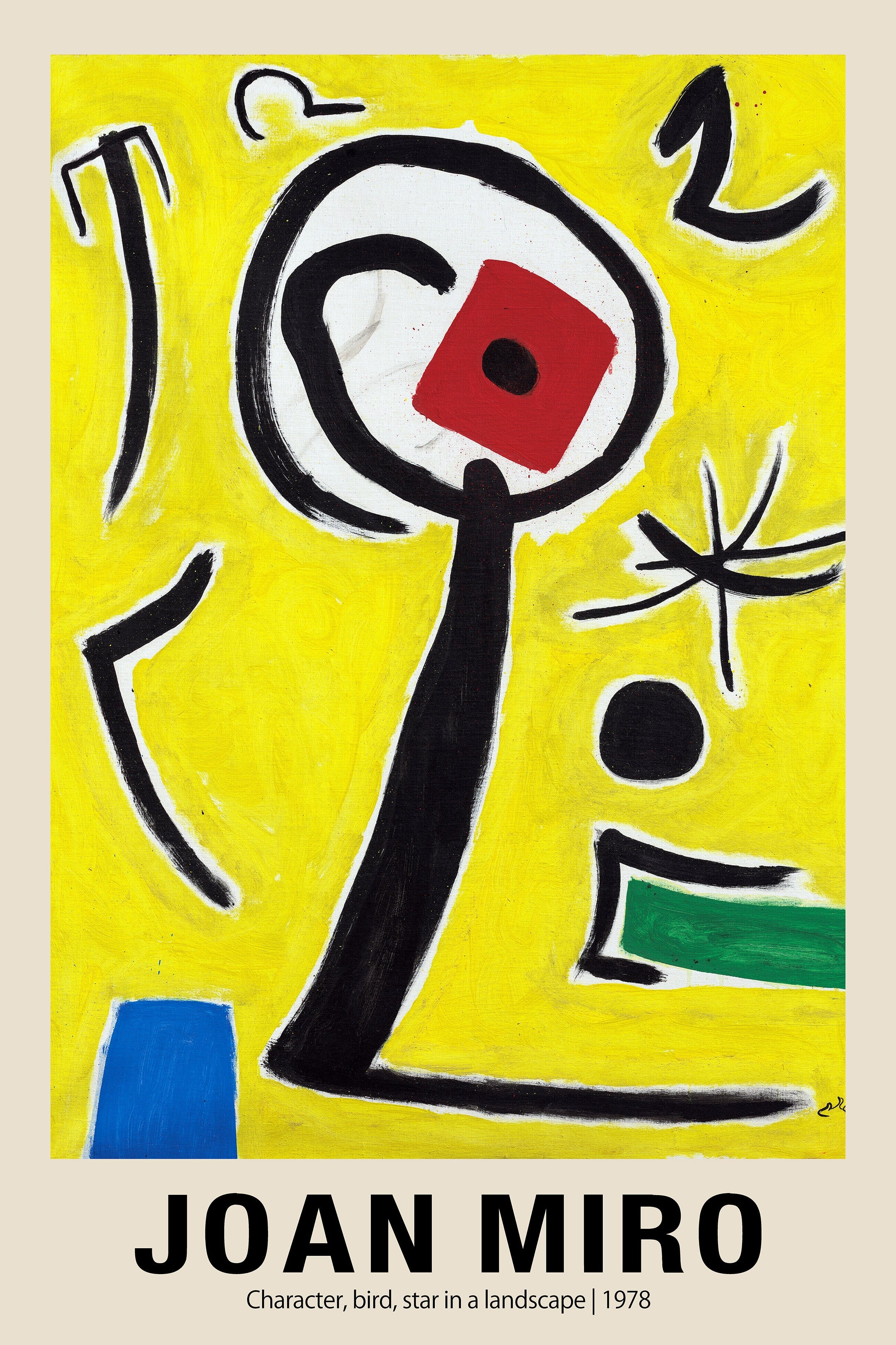 Vibrant yellow abstract painting by Joan Miró (1978) featuring thick black brushstrokes forming a figure, star, and geometric shapes in primary colors.