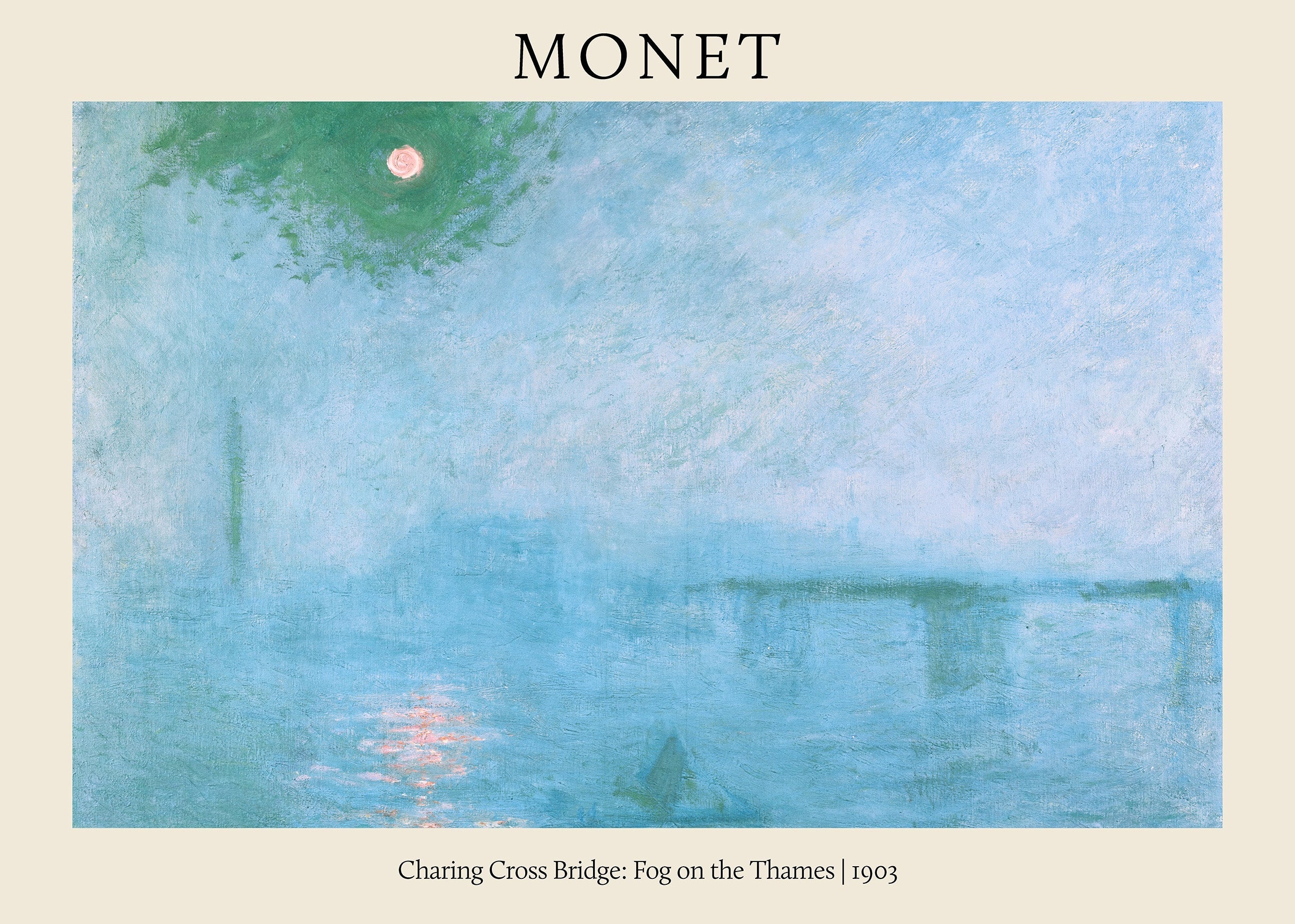 Reproduction print of Claude Monet's 1903 oil painting, Charing Cross Bridge: Fog on the Thames, featuring soft blue and green tones.
