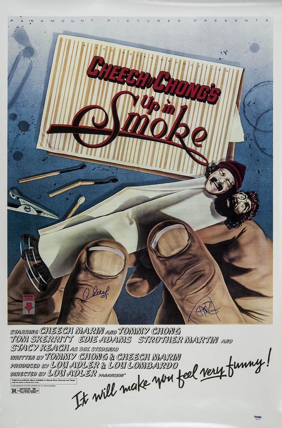 Original theatrical poster for Cheech and Chong's Up in Smoke featuring giant hands rolling a joint with the comedians' faces on the ends.