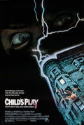 Original 1988 Child's Play movie poster art showing large, terrified eyes and a lightning bolt striking a dark, Gothic building facade.