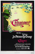 Original 1974 Chinatown movie poster art showing Jack Nicholson's silhouette (Jake Gittes) and Faye Dunaway's stylized face against a yellow background.