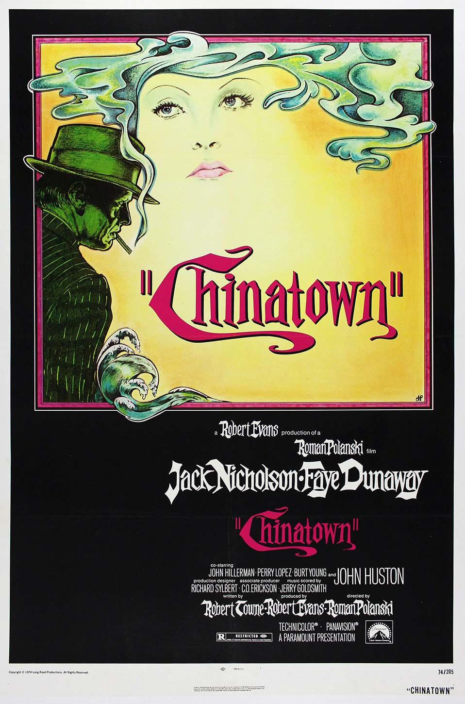 Original 1974 Chinatown movie poster art showing Jack Nicholson's silhouette (Jake Gittes) and Faye Dunaway's stylized face against a yellow background.