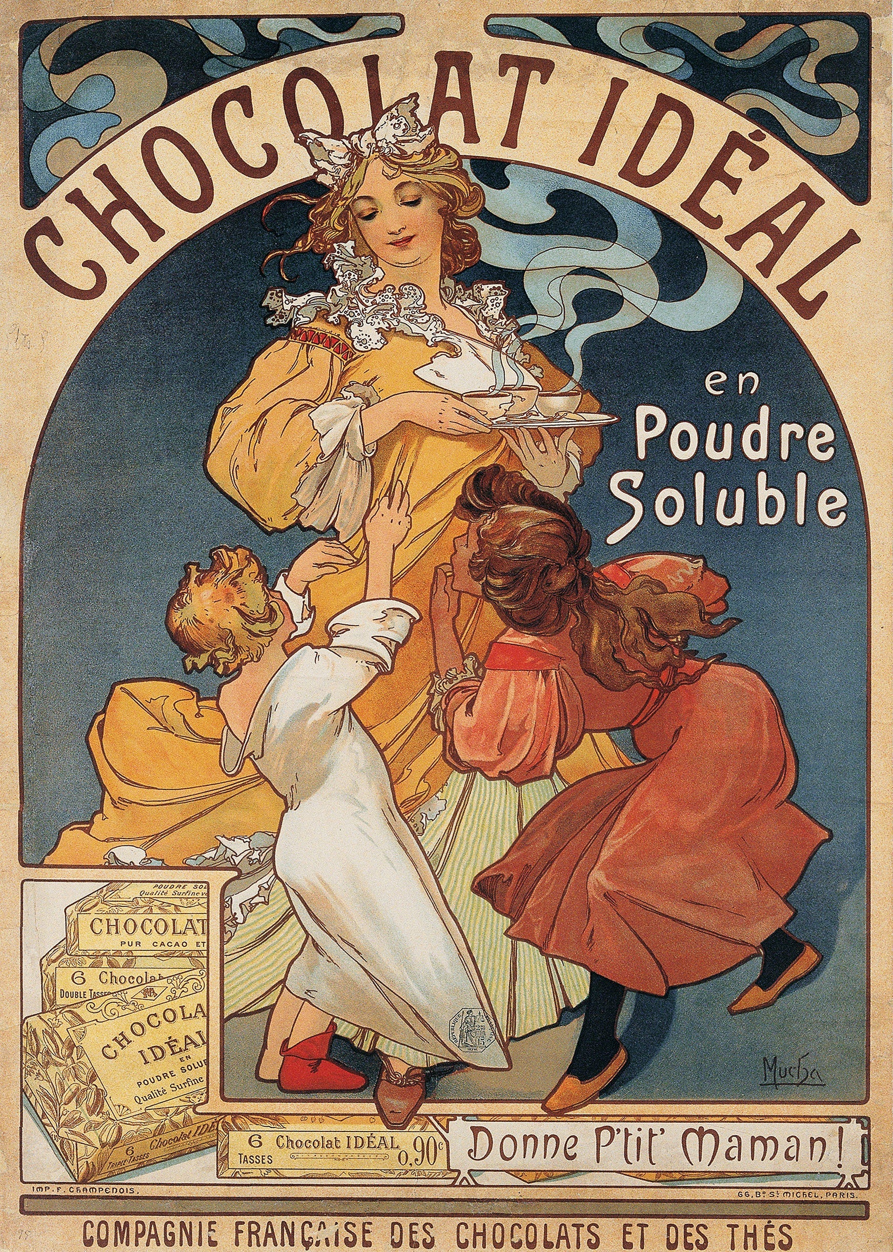 Vintage Alphonse Mucha advertisement lithograph showing a woman serving Chocolat Idéal to two eager children in elegant Art Nouveau style.