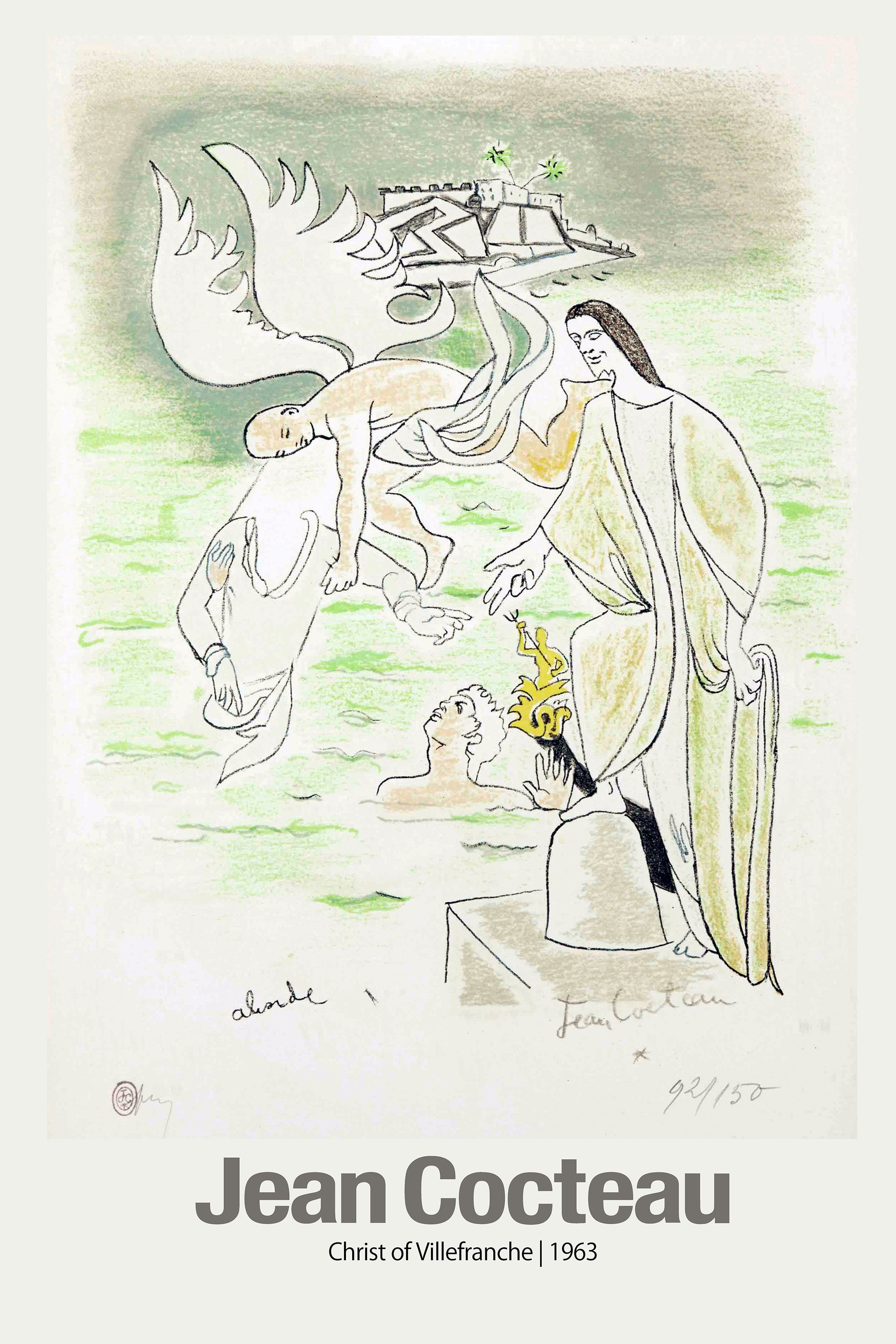 Jean Cocteau's 1963 sketch art titled "Christ of Villefranche" showing robed figures in green water near a coastal town, signed.