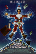 Official National Lampoon's Christmas Vacation movie poster showing Chevy Chase (Clark Griswold) dressed as Santa being electrocuted by Christmas lights over a snowy roof.