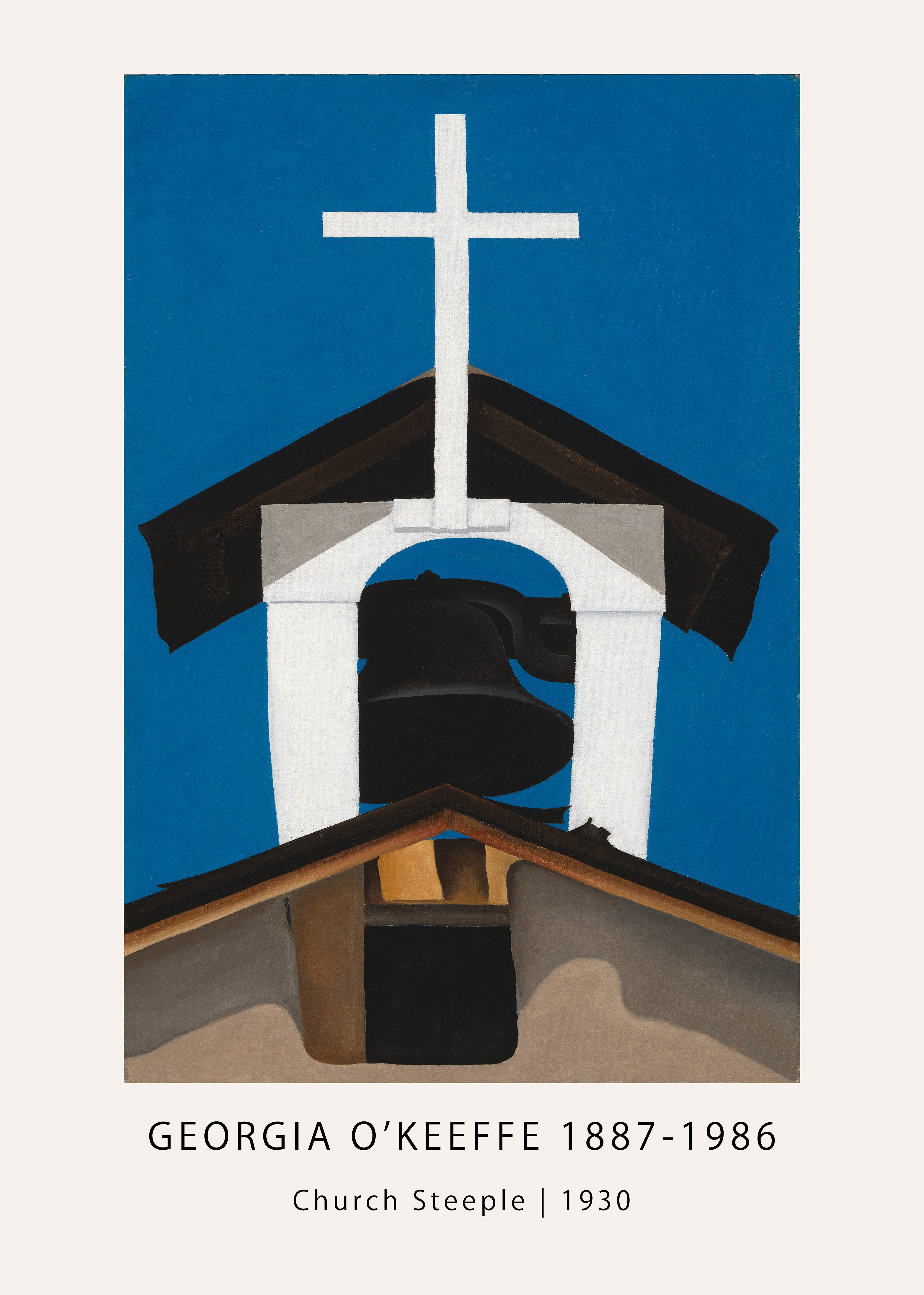 Georgia O'Keeffe painting, "Church Steeple," featuring a white cross against a vibrant blue sky in abstract precisionism style.
