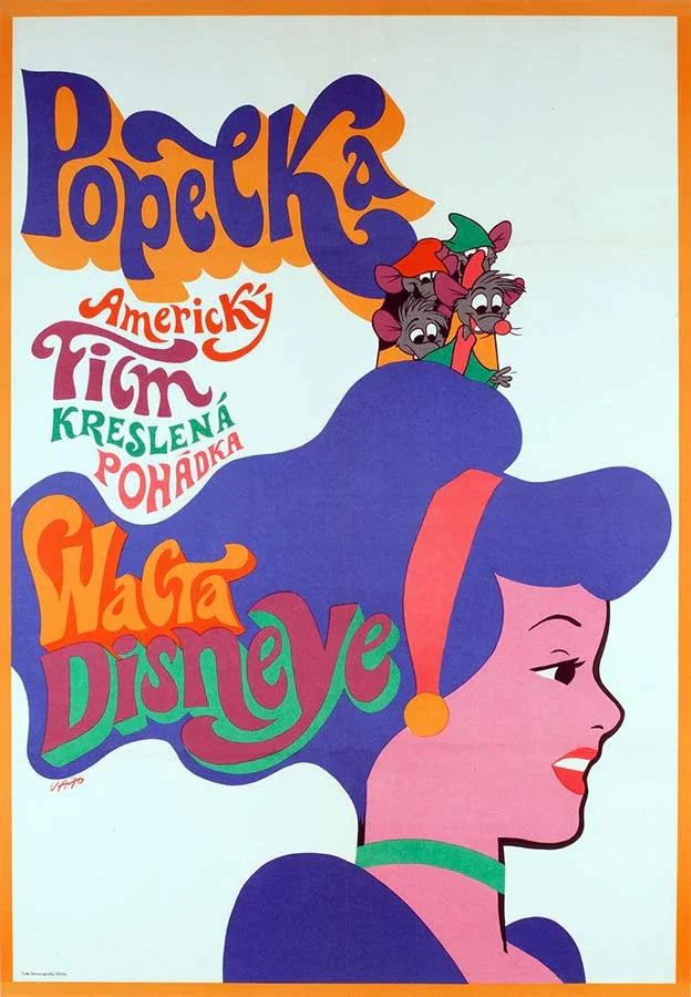 Highly colorful, psychedelic Czech movie poster for Popelka (Cinderella), featuring a stylized profile of the princess with mice perched on her large purple hair.