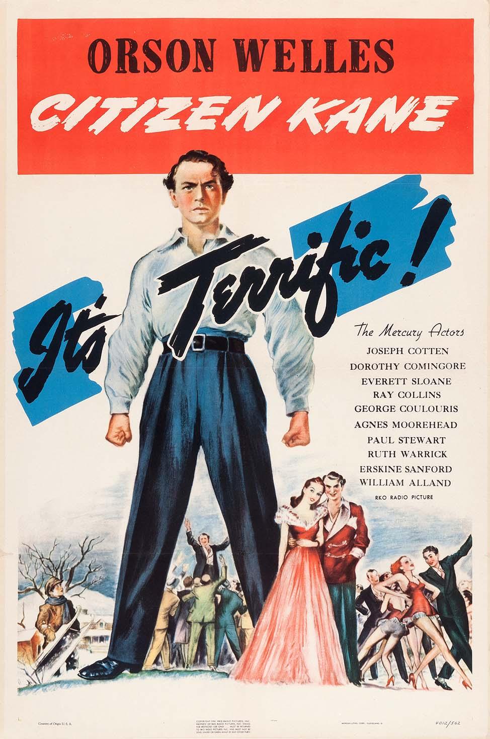 Vintage theatrical poster for Citizen Kane featuring a dramatically oversized Orson Welles standing over smaller vignettes and the text "It's Terrific!".