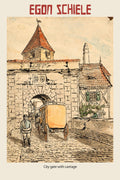 Egon Schiele ink and watercolor sketch of an antique city gate, featuring a horse-drawn yellow carriage and pedestrian.