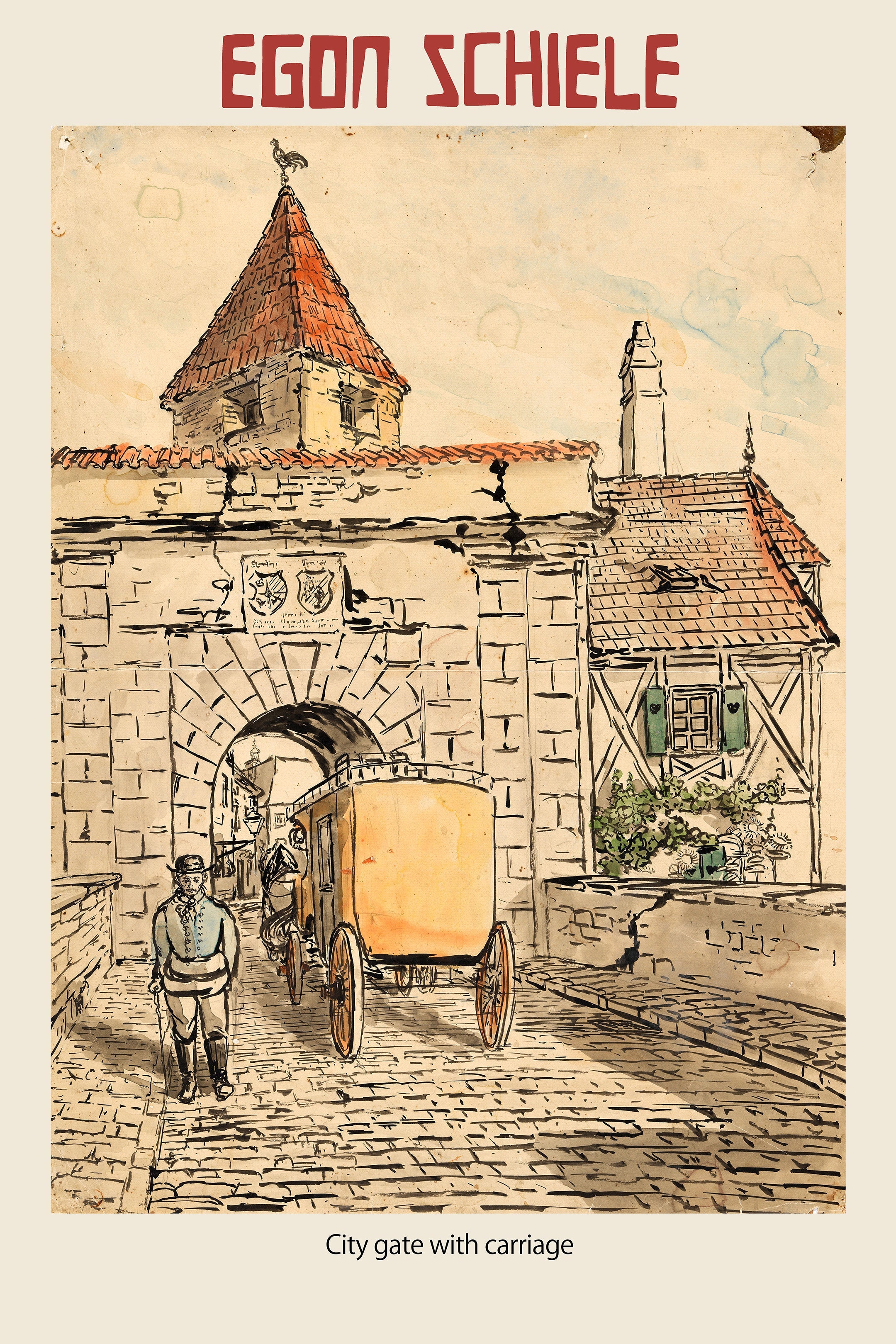 Egon Schiele ink and watercolor sketch of an antique city gate, featuring a horse-drawn yellow carriage and pedestrian.