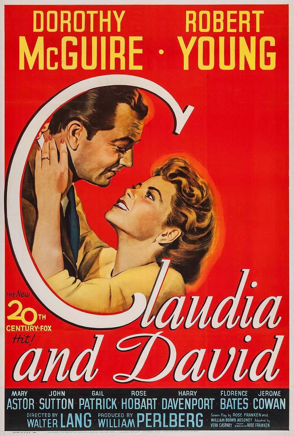 Original theatrical poster for the 1946 film Claudia and David showing Dorothy McGuire and Robert Young embracing against a vibrant red backdrop.