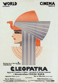 Geometric Art Deco profile poster for the 1917 silent film Cleopatra, featuring a stylized portrait of Theda Bara in an orange and gray headdress.