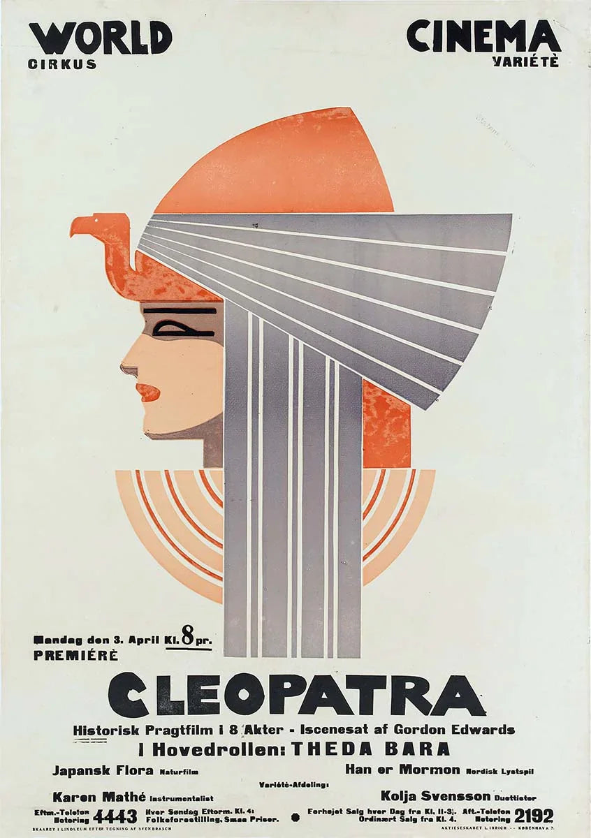 Geometric Art Deco profile poster for the 1917 silent film Cleopatra, featuring a stylized portrait of Theda Bara in an orange and gray headdress.