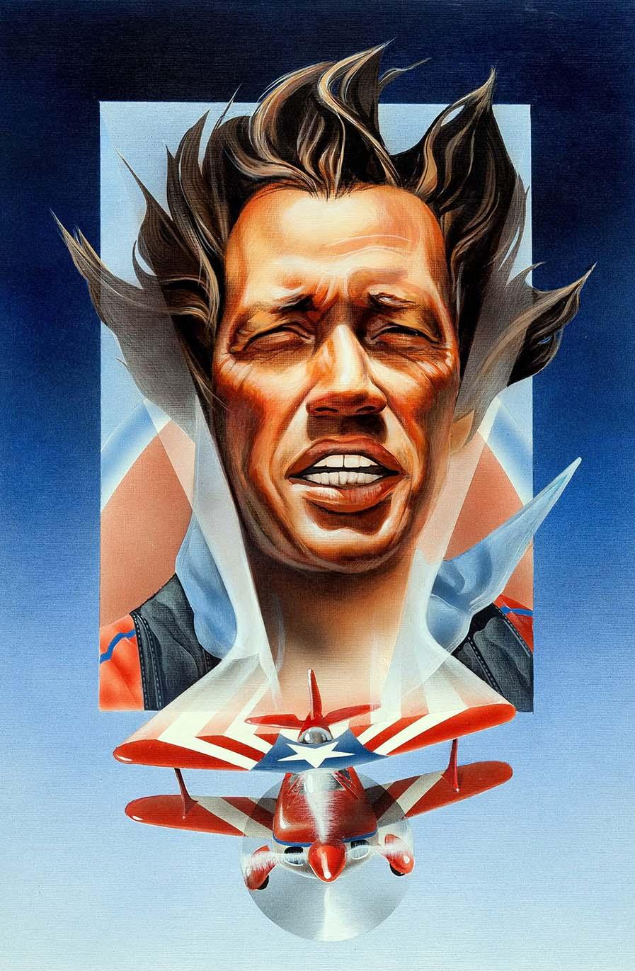 Dynamic movie poster illustration for Cloud Dancer (1980) showing a pilot's ecstatic face in mid-flight and a detailed red stunt plane below, against a blue sky gradient.