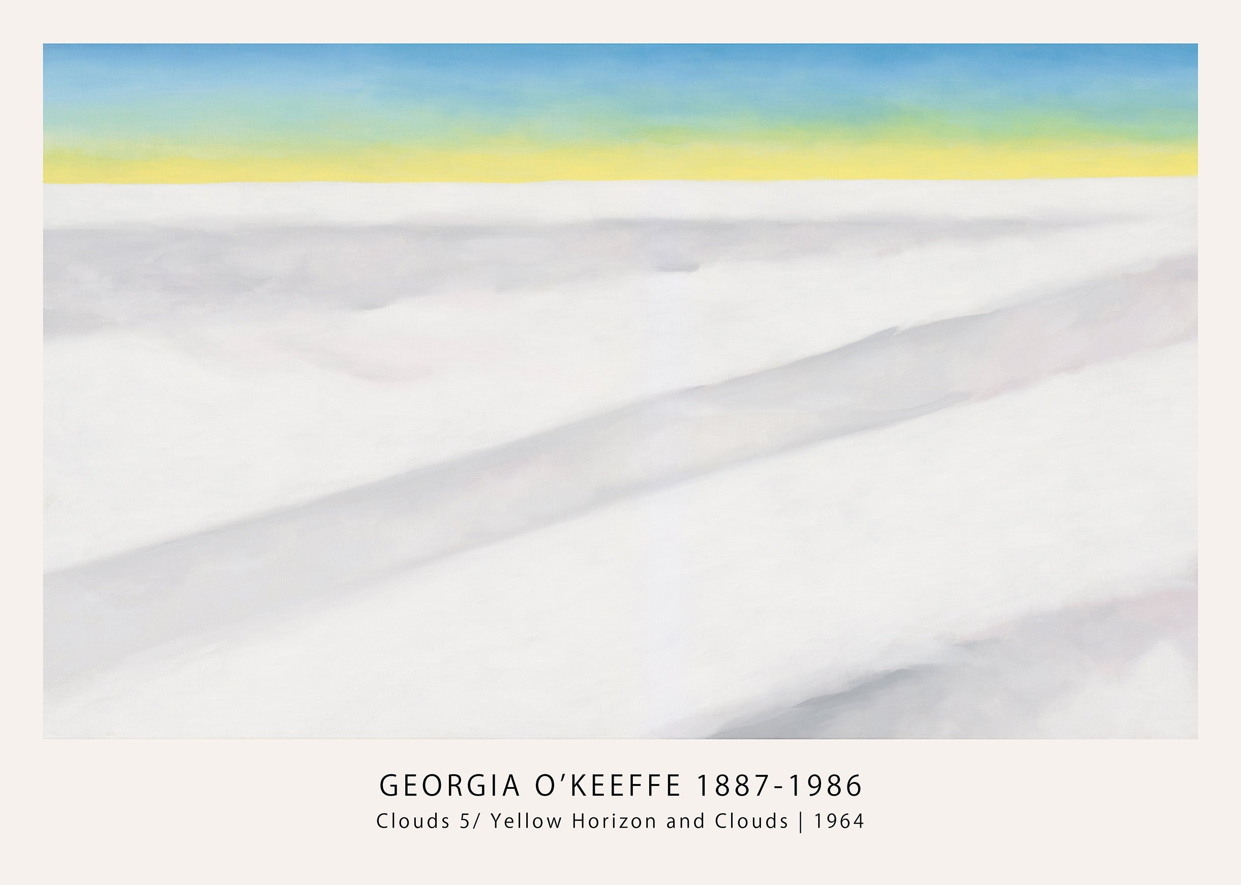 Abstract modern painting by Georgia O’Keeffe showing white clouds below a strong yellow horizon line and a blue sky.