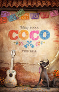 Coco movie poster showing Dante the Xolo dog next to Miguel's decorated white guitar, beneath colorful Papel Picado banners.