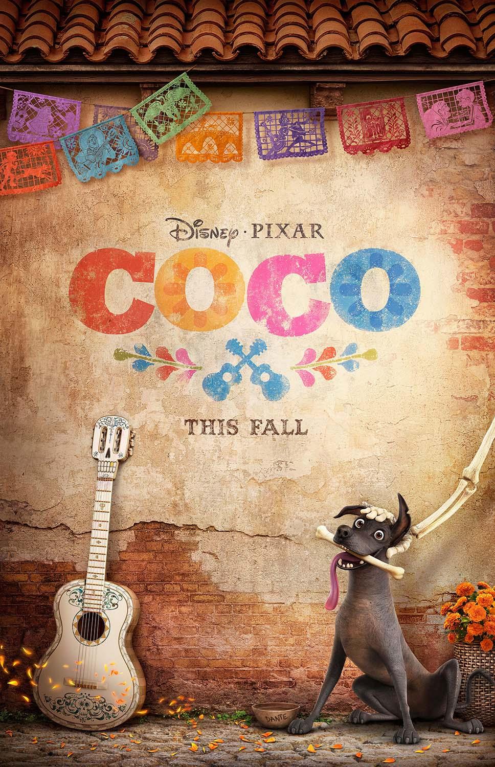 Coco movie poster showing Dante the Xolo dog next to Miguel's decorated white guitar, beneath colorful Papel Picado banners.