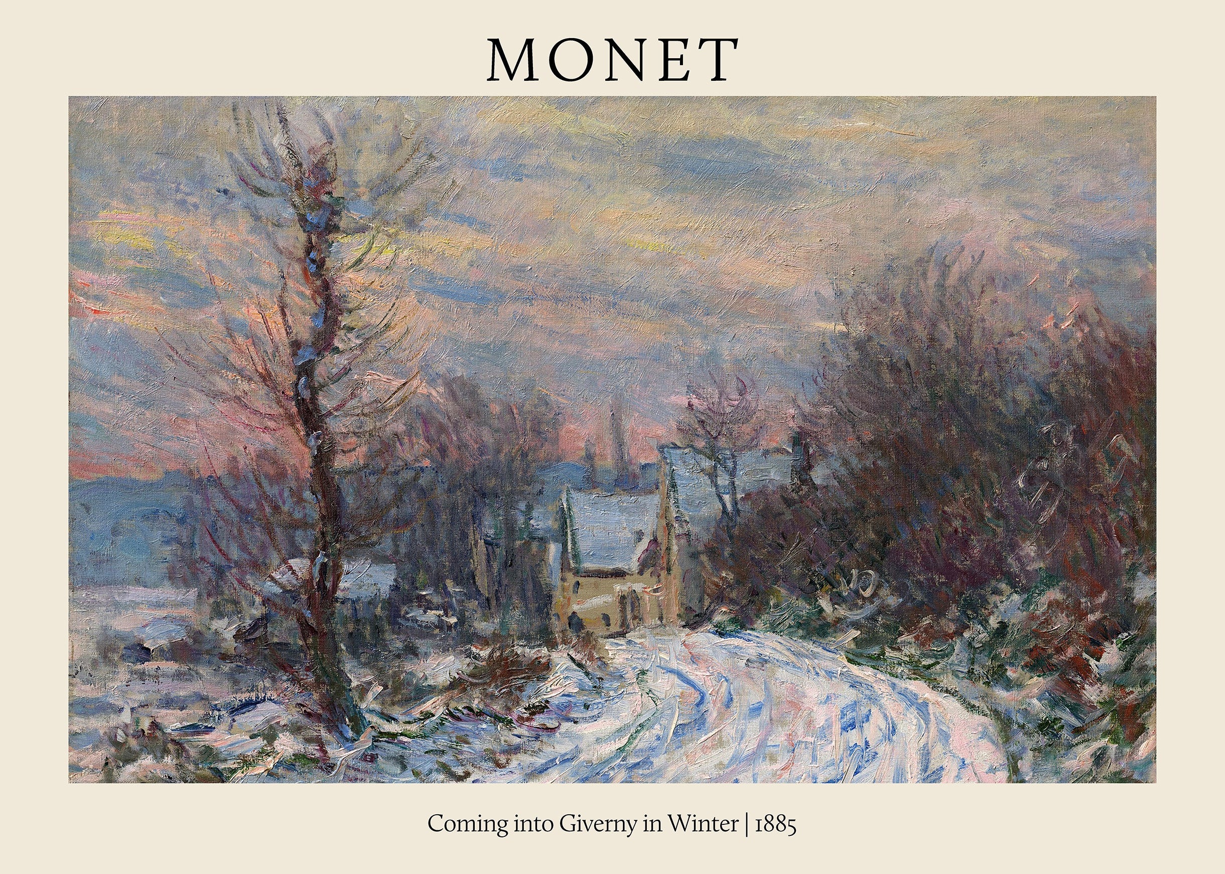 Claude Monet's "Coming into Giverny in Winter" oil painting from 1885, showing a snowy path leading to a small house under a pale pink and blue sky.