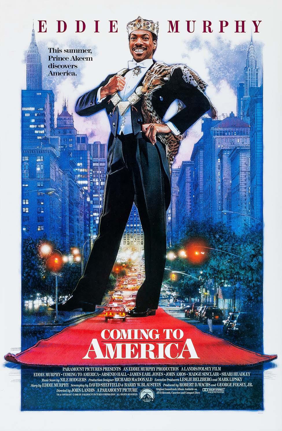 Original Coming to America movie poster featuring Eddie Murphy as Prince Akeem standing regally on a red carpet over a busy 1980s NYC street.