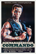 Original Commando 1985 movie poster featuring Arnold Schwarzenegger as John Matrix, covered in dirt, wearing a tactical vest, and holding a grenade.