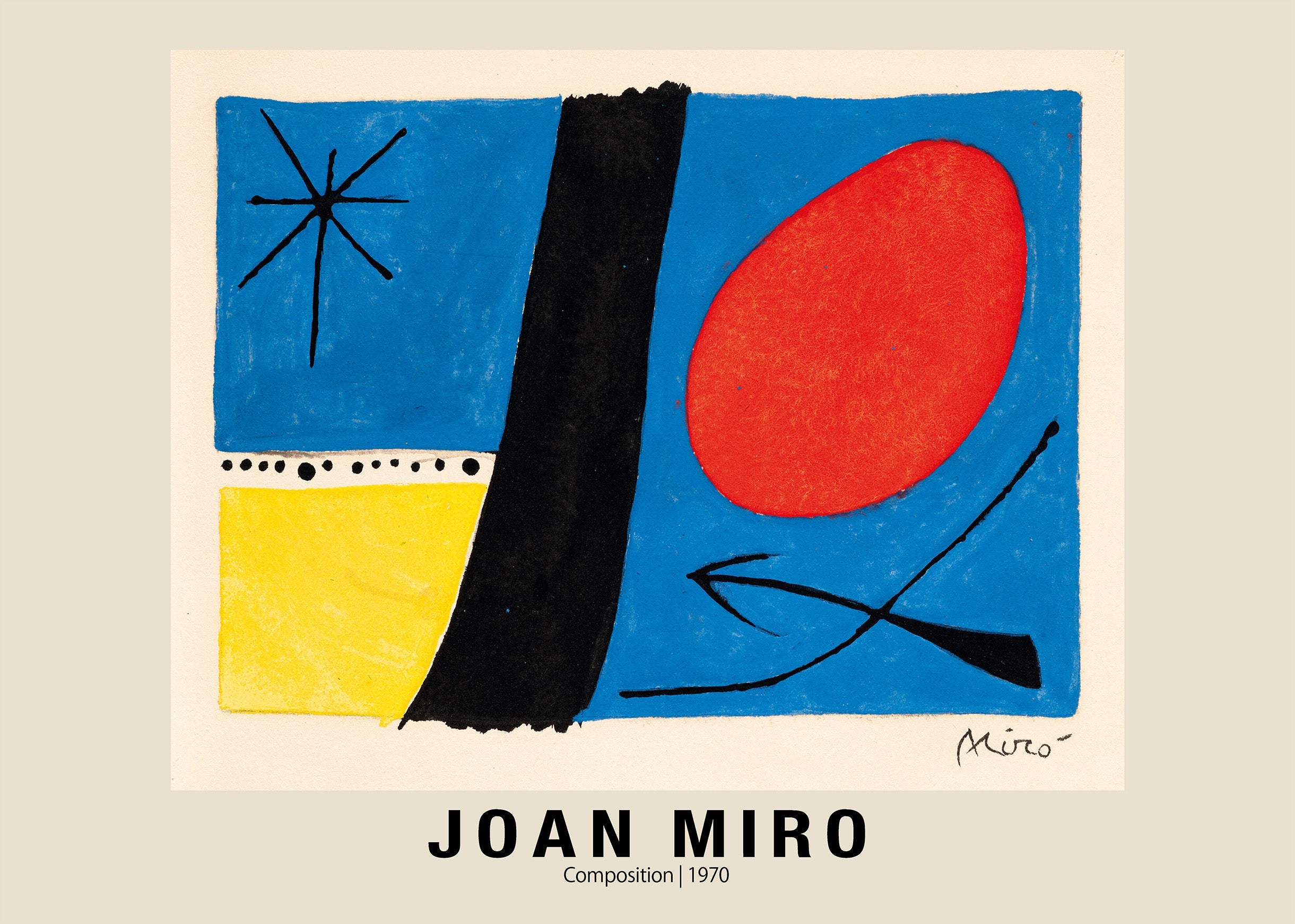 Abstract painting by Joan Miró from 1970 featuring a red oval, black vertical bar, yellow block, and star shape on a bright blue background.