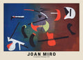 Joan Miró's 1933 painting, Composition, featuring red, black, and white biomorphic shapes against a split blue and maroon background.