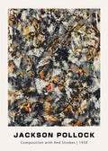 Reproduction of Jackson Pollock's 1950 drip painting featuring dense black, white, gray, and ochre splashes with small red accents.