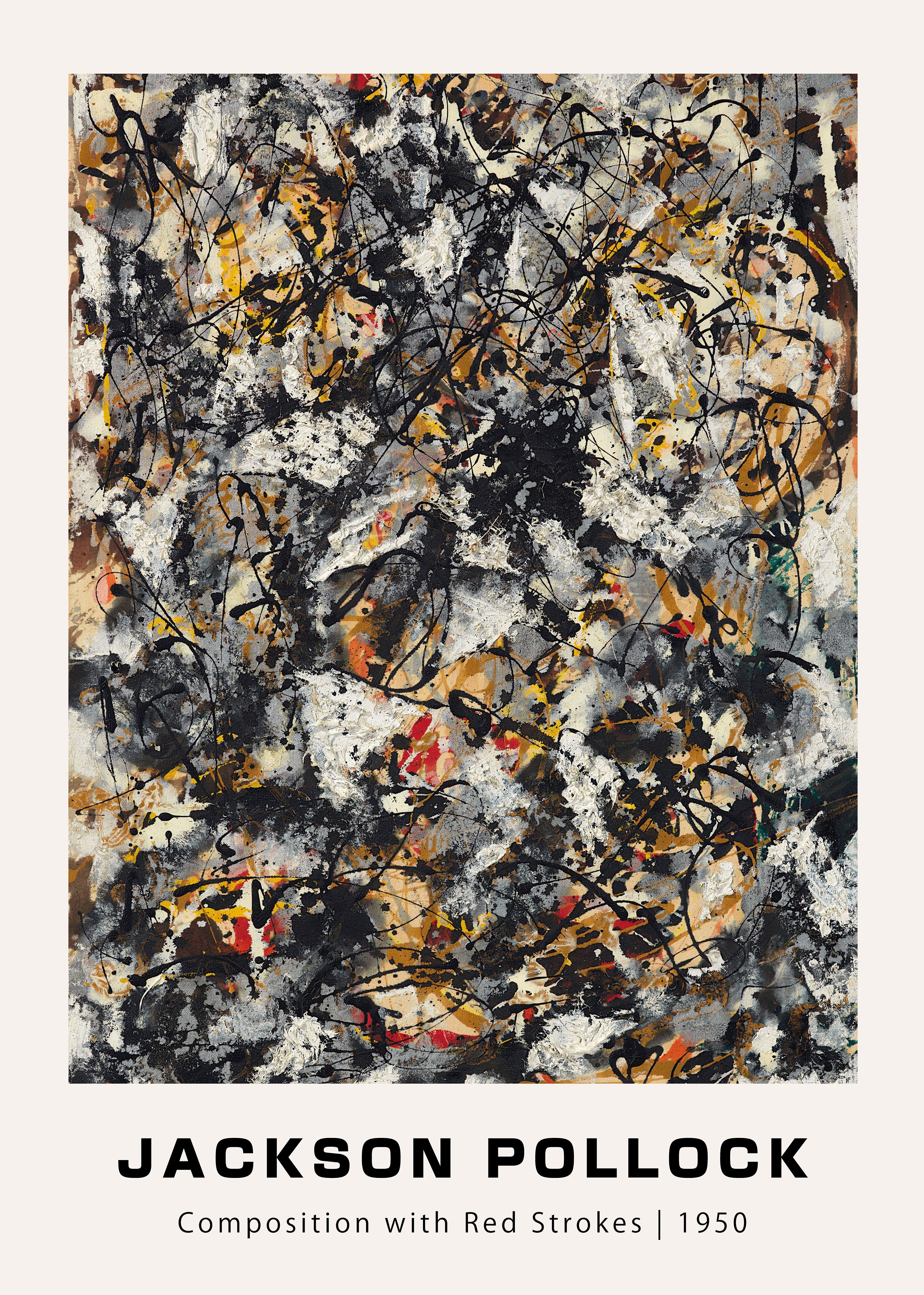 Reproduction of Jackson Pollock's 1950 drip painting featuring dense black, white, gray, and ochre splashes with small red accents.