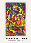 Jackson Pollock's 1941 "Composition with Woman" painting print; a dynamic abstract work using primary red, yellow, and blue colors.