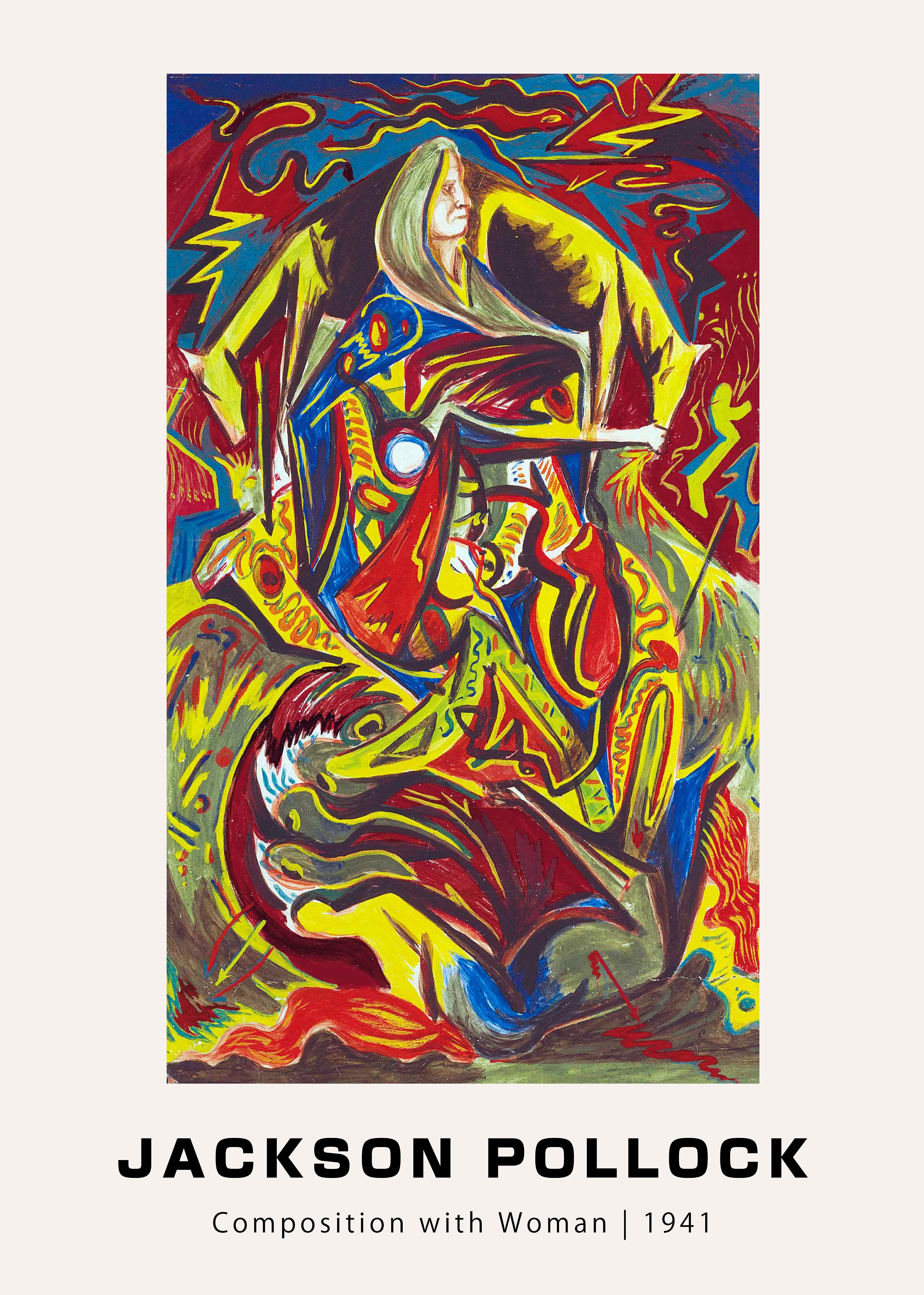 Jackson Pollock's 1941 "Composition with Woman" painting print; a dynamic abstract work using primary red, yellow, and blue colors.