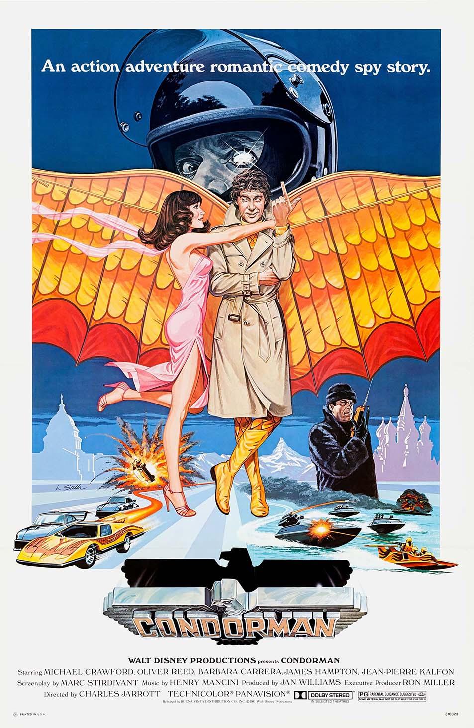Original one-sheet movie poster for Condorman (1981), featuring the main spy character, high-speed vehicles, explosions, and the signature glider wings.