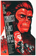 Conquest of the Planet of the Apes movie poster featuring a bold red and black illustration of an ape face and a group of apes in rebellion.