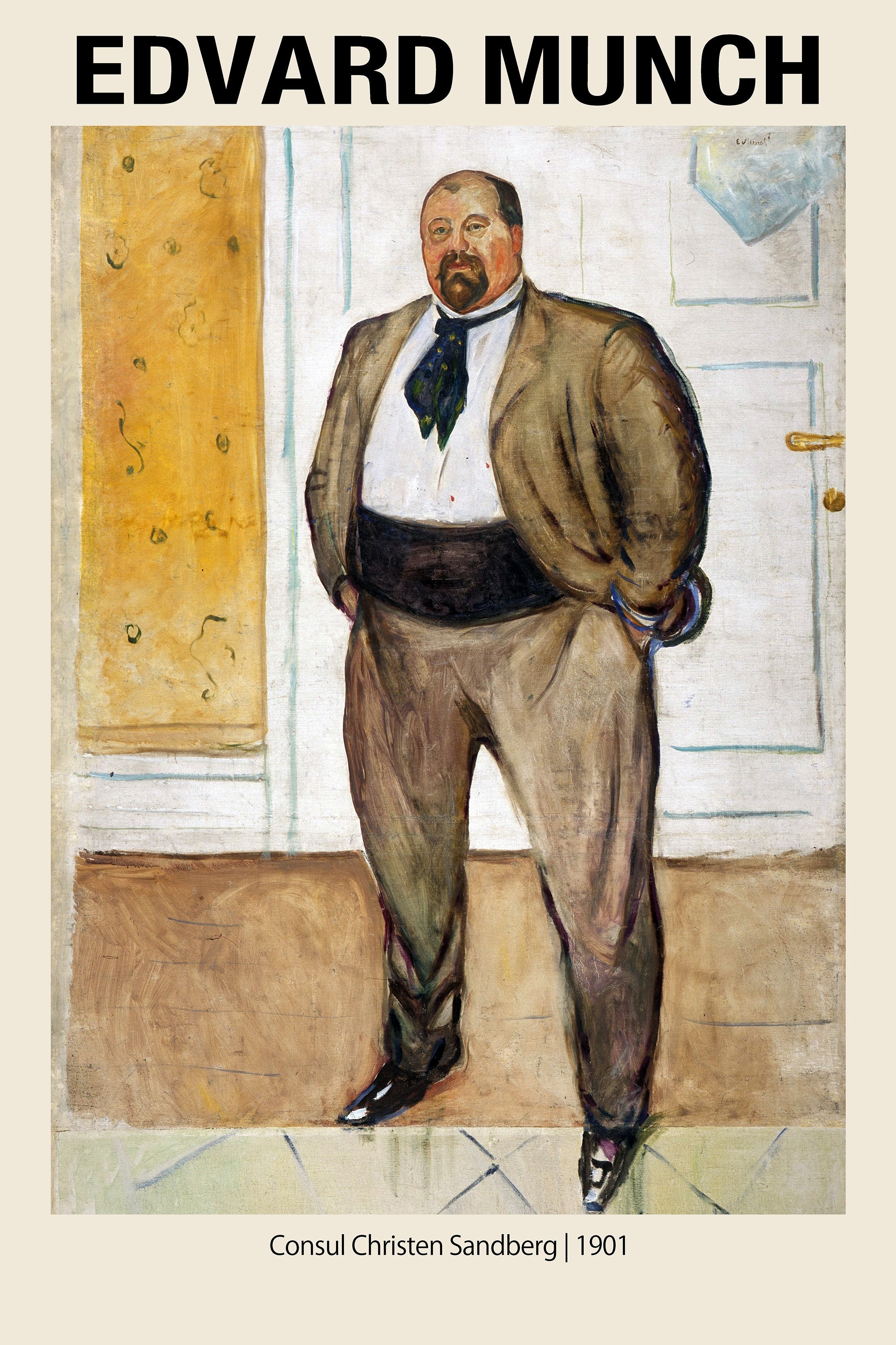 Edvard Munch's full-length 1901 Expressionist painting of the stout Consul Christen Sandberg standing indoors in a brown suit and dark sash.