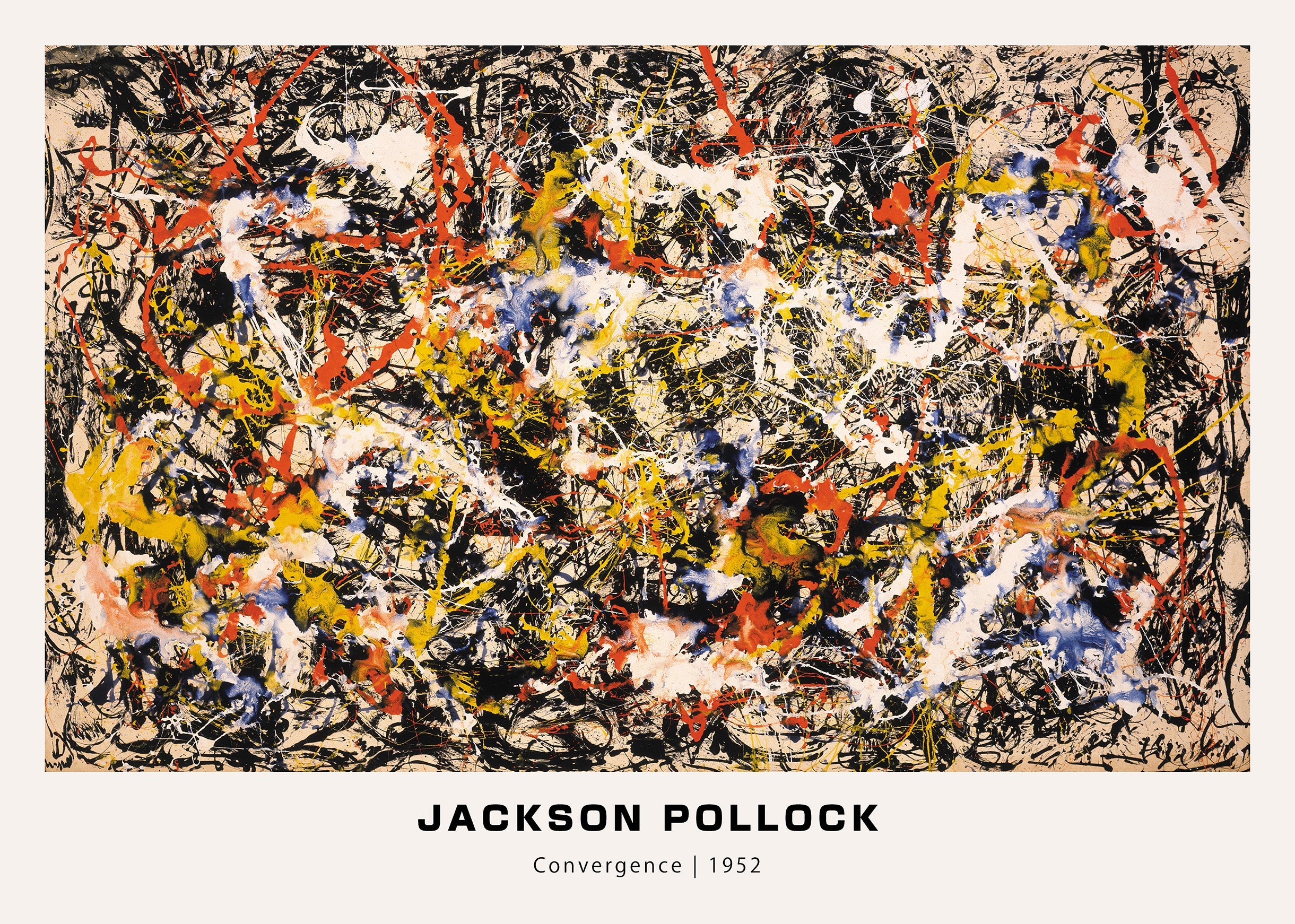 Jackson Pollock's iconic 1952 painting, Convergence, featuring chaotic black, white, orange, and yellow abstract paint drips.
