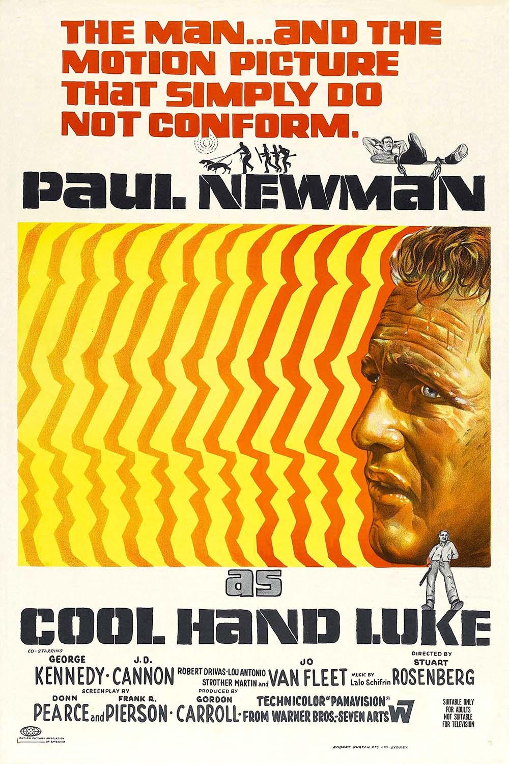 Original Cool Hand Luke 1967 movie poster art featuring a close-up profile of Paul Newman against bright yellow and orange abstract graphics.